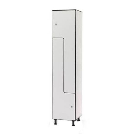 Taquilla compacmel blanca con puertas fenólicas en L ele para colgar ropa larga