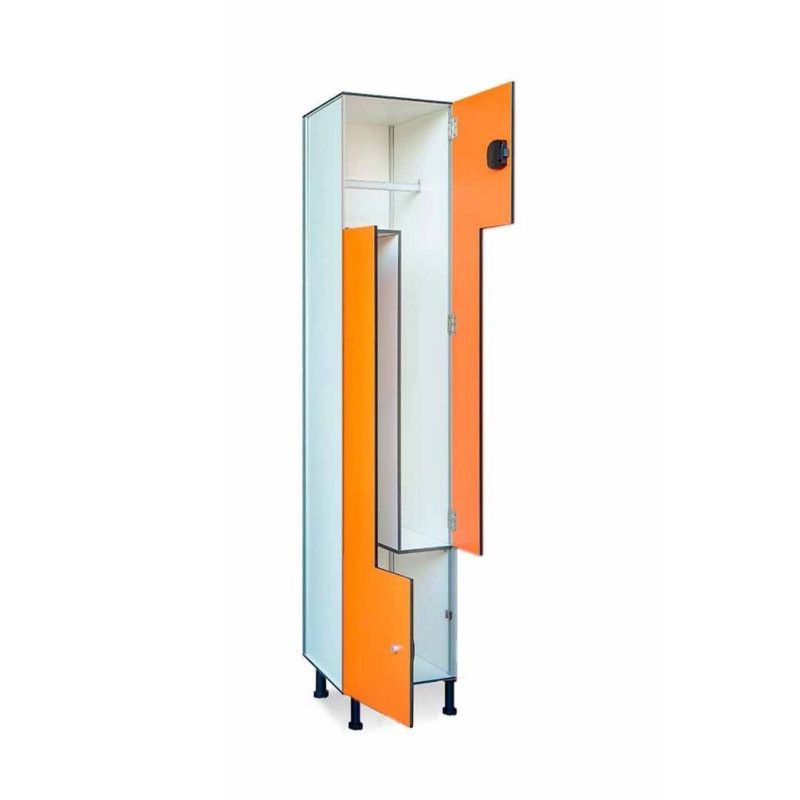 Taquillas de resina fenólica compactas de color naranja con puertas en L y perfilería de aluminio
