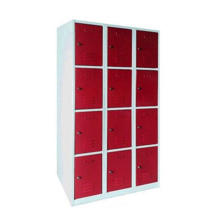 Taquillas metálicas pequeñas con 12 puertas cuadradas rojas y cerradura
