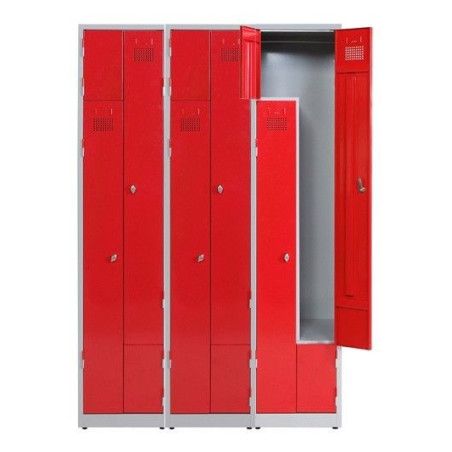 Taquilla metálica con 6 puertas en ELE roja con patas abierta