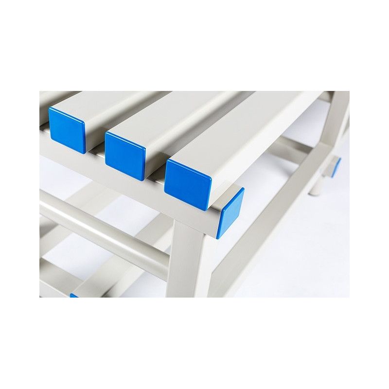 Banco de vestuario de PVC gris con tapones azules