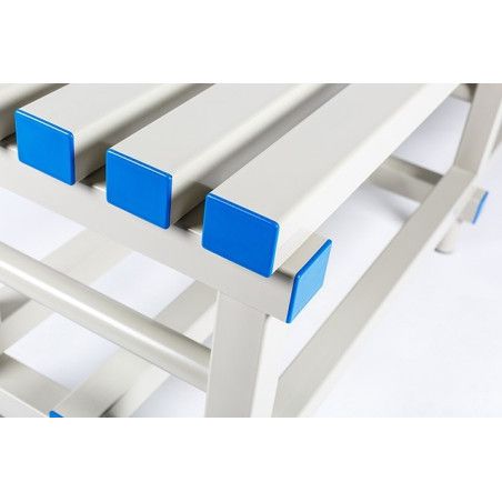 Banco de vestuario de PVC gris con tapones azules