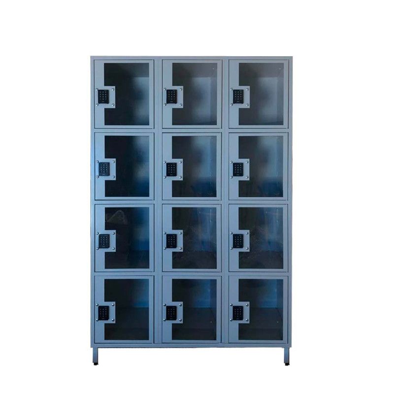 Consigna de chapa con puertas de metacrilato para tiendas en color gris