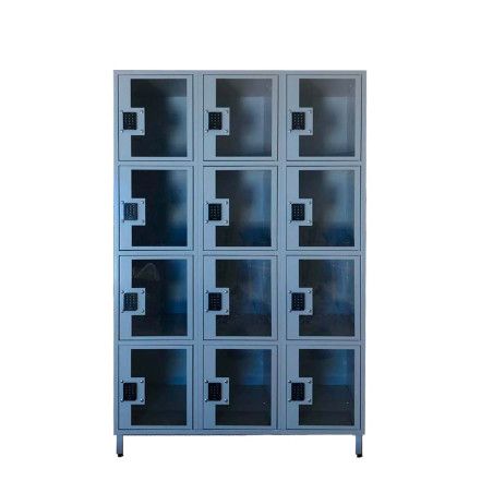 Consigna de chapa con puertas de metacrilato para tiendas en color gris