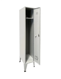 Taquilla de metal de 1 puerta por columna de arriba a abajo en color gris claro con patas