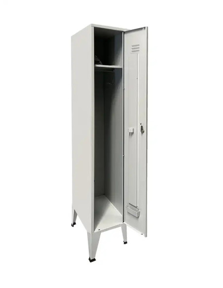 Taquilla de metal de 1 puerta por columna de arriba a abajo en color gris claro con patas