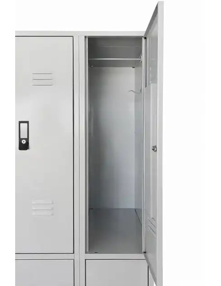 Interior taquilla de chapa de 2 puertas partidas con barra de perchas para colgar ropa corta en gris
