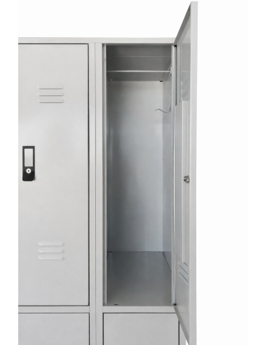 Interior taquilla metálica de 2 puertas por columna con barra de perchas para colgar ropa corta en gris