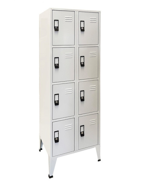 Locker metálico cuadrado con patas y cerradura de llave en gris