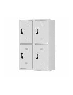 Casillero metálico horizontal de 4 puertas grises con tirador y cerradura de llave.