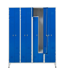 Taquillas metálica de 8 puertas en L para colgar batas y ropa larga en vestuarios con espacio reducido.
