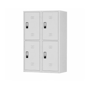 Casillero metálico horizontal de 4 puertas grises con tirador y cerradura de llave.