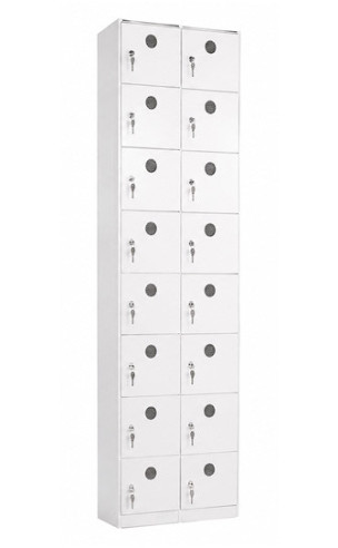 Casillero de plástico de 16 puertas en 2 módulos en color blanco con rejilla para ventilar