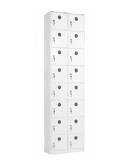 Casillero de plástico de 16 puertas en 2 módulos en color blanco con rejilla para ventilar