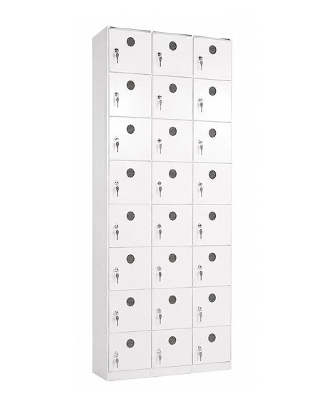 Casillero de PVC con 24 puertas en 3 columnas de 8 puertas cada una.